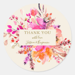 Pegatina Redonda Ramo Floral Acuarela Rosa Bodas Nombre Personaliza