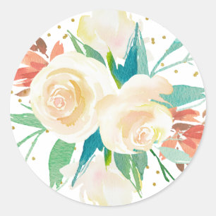 Pegatina Redonda Ramo floral de acuarela de melocotón claro