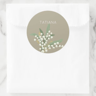 Pegatina Redonda Ramo floral de lirio de mayo del valle con nombre 