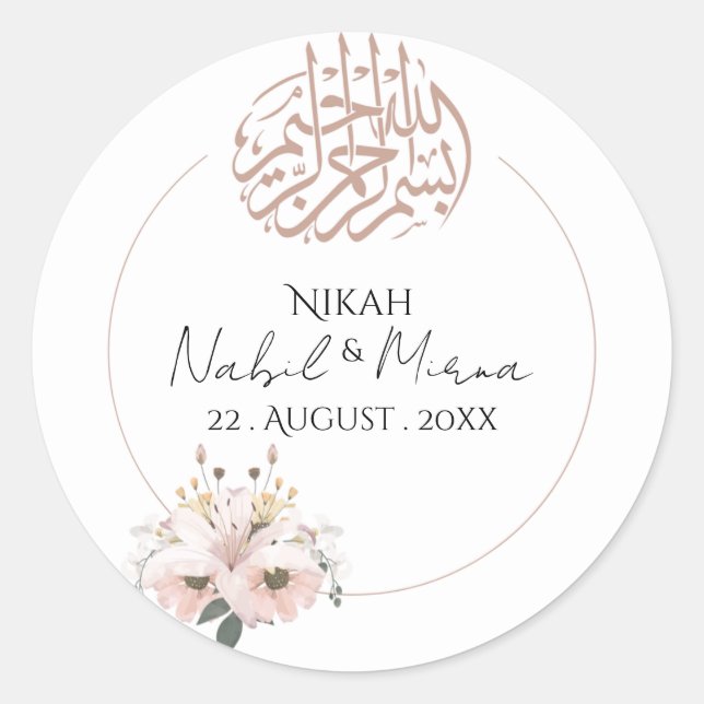 Pegatina Redonda ramo Floral elegante rosa y amarillo de boda  (Anverso)