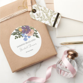 Pegatina Redonda Ramo Floral Morado y Verde para Despedida de Solte