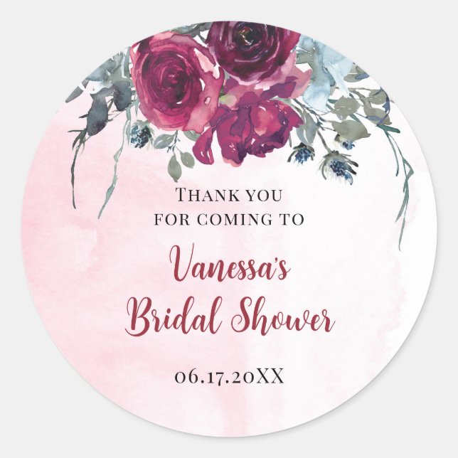 Pegatina Redonda Ramos Florales de Burgundy en Acuarela (Anverso)