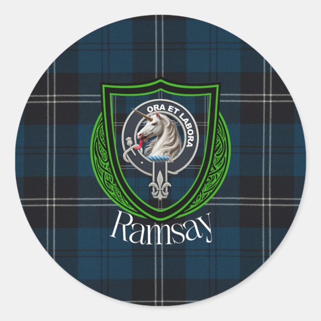 Pegatina Redonda Ramsay Scottish Clan Tartan & Crest (Anverso)