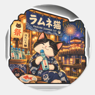 Pegatina Redonda Ramune Gato Festival Japonés de Verano Fuegos Arti