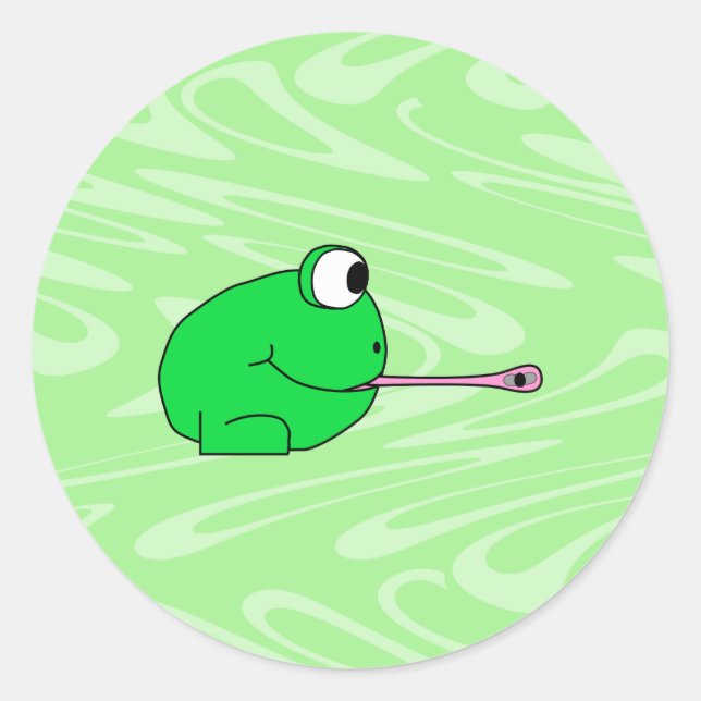 Pegatina Redonda Rana atrapando una mosca. (Anverso)