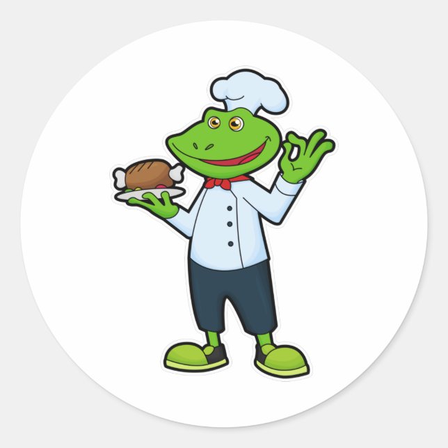 Pegatina Redonda Rana como cocinera con plato de servicio y pollo (Anverso)