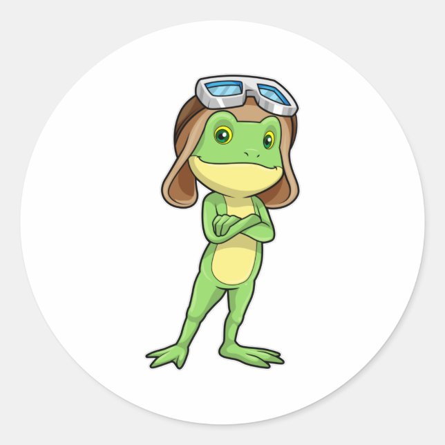 Pegatina Redonda Rana como piloto con Gorra y lentes (Anverso)