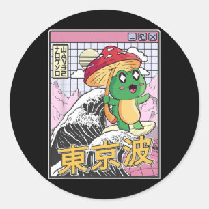 Pegatina Redonda Rana con hongo surfeando ola japonesa Kawaii Co
