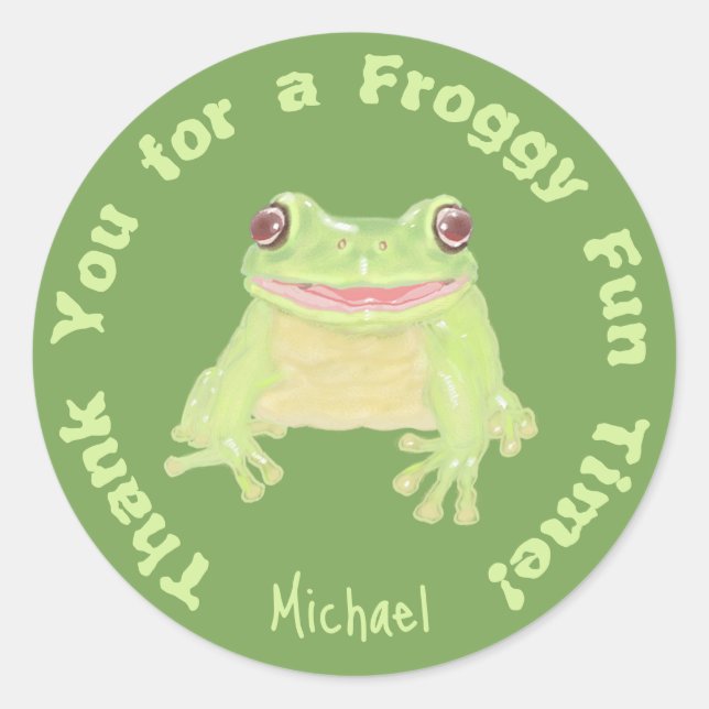 Pegatina Redonda Rana de árbol verde lindo - cumpleaños de los niño (Anverso)