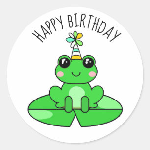 Pegatina Redonda Rana de cumpleaños personalizada en una almohadill