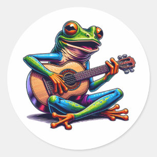 Pegatina Redonda Rana dulce tocando una guitarra
