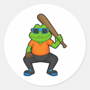 Pegatina Redonda Rana en béisbol con bate de béisbol y gafas de sol