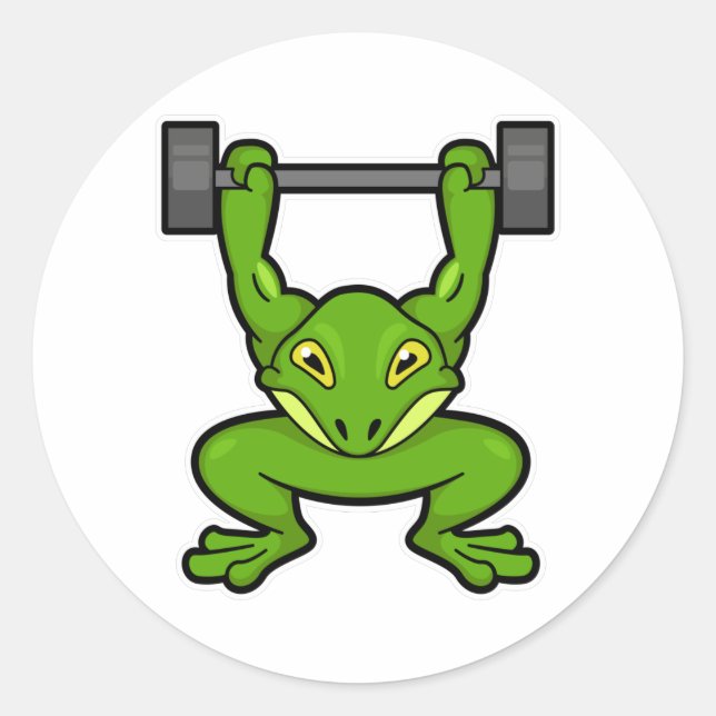 Pegatina Redonda Rana en Bodybuilding con Barbell (Anverso)
