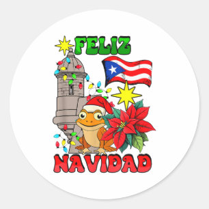 Pegatina Redonda Rana Feliz Navidad Puerto Rico Luces de Navidad Pa
