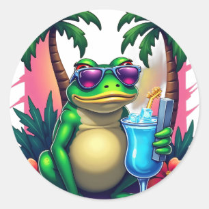 Pegatina Redonda Rana gruñona Vaporwave Tropical Retro 2000s Coo