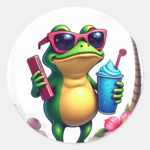 Pegatina Redonda Rana Gruñona Vaporwave Y2K Retro Estilo Estético T