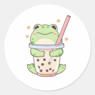 Pegatina Redonda Rana Kawaii Chibi Abrazando Taza de Bubble Tea