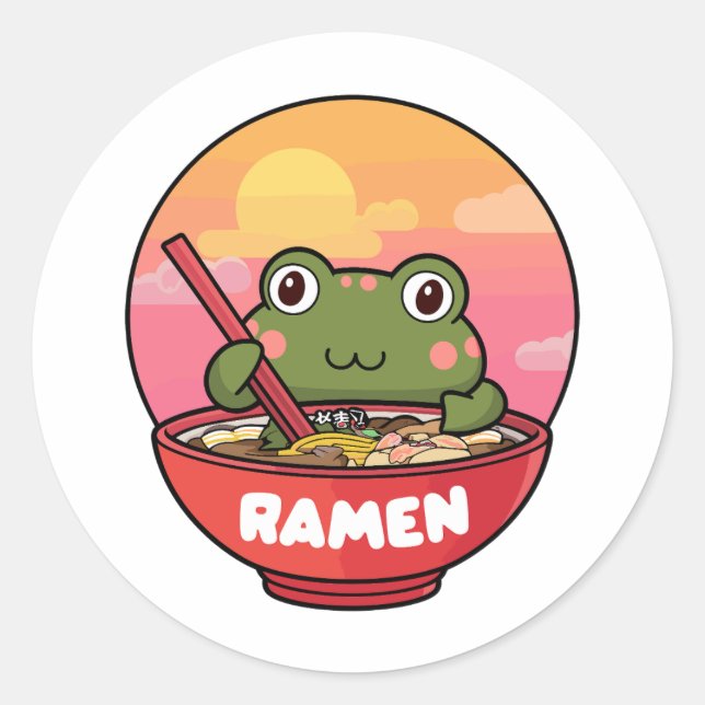 Pegatina Redonda Rana kawaii comiendo ramen (Anverso)