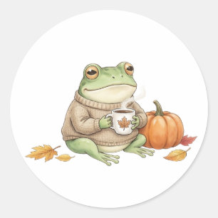 Pegatina Redonda Rana Kawaii de Otoño Acogedor Latte de Especias de