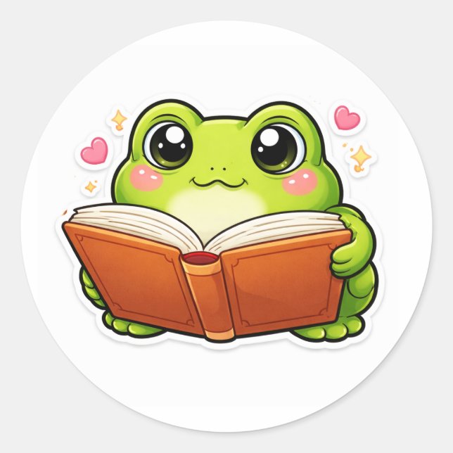 Pegatina Redonda Rana leyendo un libro (Anverso)