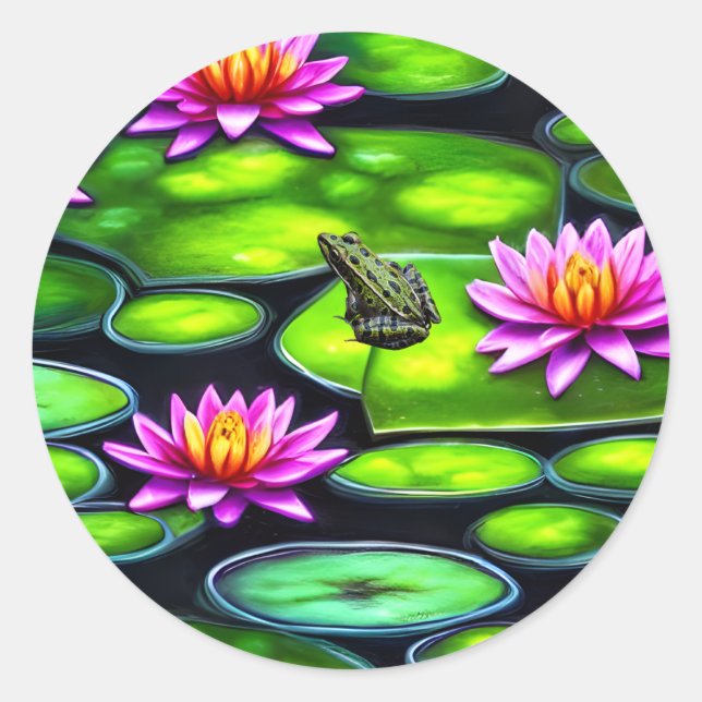 Pegatina Redonda Rana pequeña en Lily Pad (Anverso)