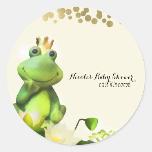 Pegatina Redonda Rana Príncipe Verde y oro Personalizado de Baby Sh