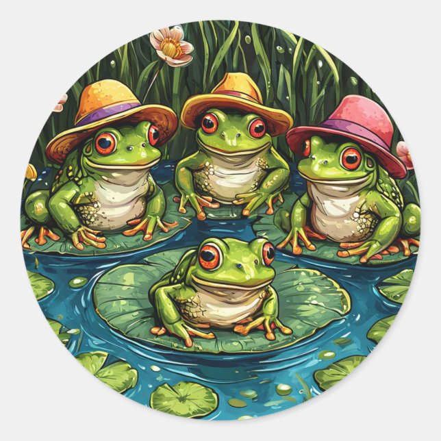 Pegatina Redonda Ranas de dibujos animados Decoración de vida silve (Anverso)