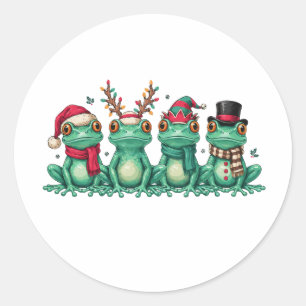Pegatina Redonda Ranas de Navidad con sombrero de Santa y cuernos d