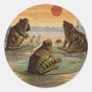 Pegatina Redonda Ranas Lily Pads Moon Ilustracion