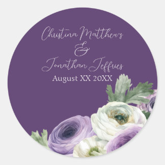 Pegatina Redonda Ranunculus Romántico en Acuarela sobre Púrpura Osc