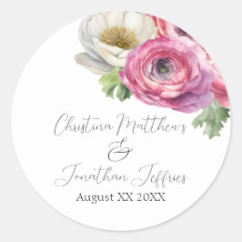 Pegatina Redonda Ranunculus Rosa y Blanco al Acuarela Romántico