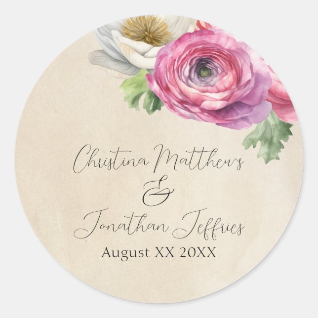 Pegatina Redonda Ranunculus ruántico romano y blanco (Anverso)