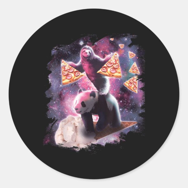 Pegatina Redonda Ranura Espacial Con Pizza En Panda Montando Helado (Anverso)