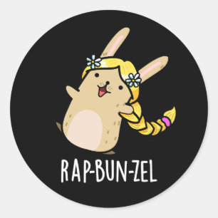 Pegatina Redonda Rap-bun-zel Funny Bunny Pun Dark BG