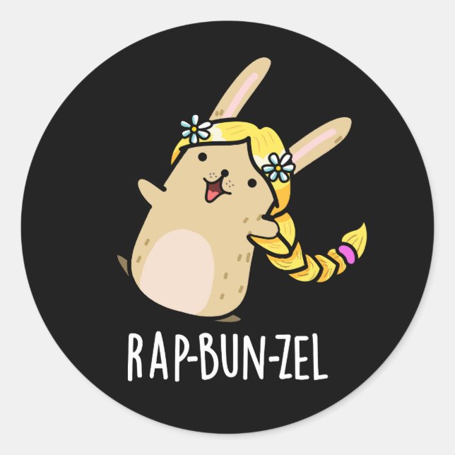 Pegatina Redonda Rap-bun-zel Funny Bunny Pun Dark BG (Anverso)