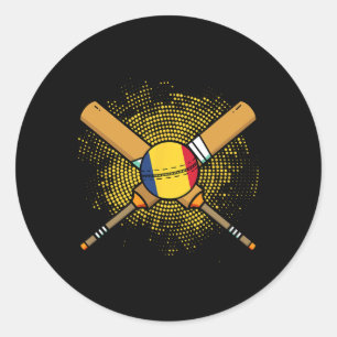 Pegatina Redonda Raqueta De Cricket Rumana Y Ll Bandera De Rumania 