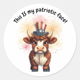 Pegatina Redonda Rara gruñida cara patriótica vaca de tierras altas
