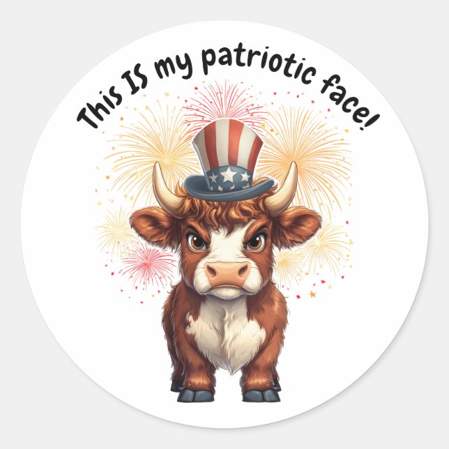 Pegatina Redonda Rara gruñida cara patriótica vaca de tierras altas (Anverso)