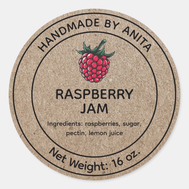 Pegatina Redonda Raspberry Jam Jelly Jar Label Kraft Paper Style (Anverso)