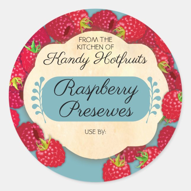 Pegatina Redonda Raspberry raspberries jam jelly preserves canning (Anverso)