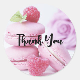Pegatina Redonda Raspberry rosa Macarons Pastel francés Gracias