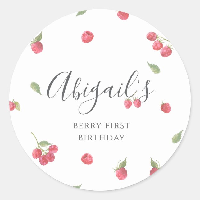 Pegatina Redonda Raspberry Sweet Berry First Birday Party (Anverso)
