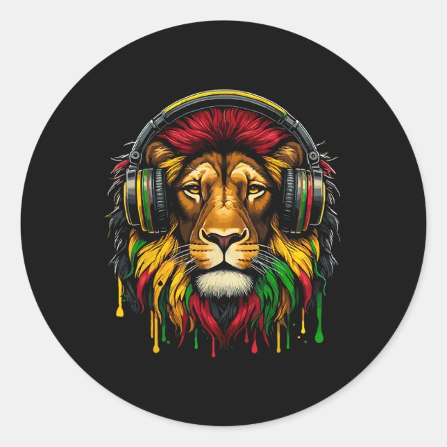 Pegatina Redonda Rasta Raggae Jamaica Auriculares Musicales León De (Anverso)