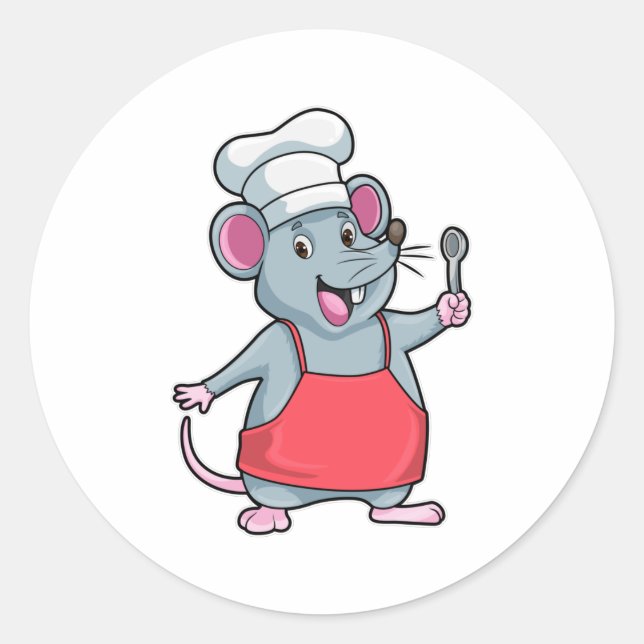 Pegatina Redonda Rat as Chef con delantal y cuchara de cocina (Anverso)
