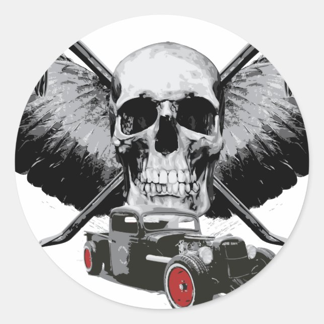 Pegatina Redonda Rat Rod Skull & Crowbars (Anverso)