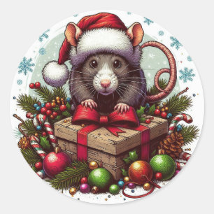 Pegatina Redonda Rata con sombrero santa La Navidad presenta arte