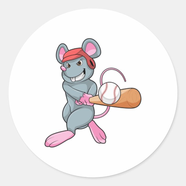 Pegatina Redonda Rata en béisbol con bate de béisbol y casco (Anverso)