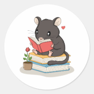 Pegatina Redonda Ratón Adorable Leyendo - Sticker Amante de los Lib
