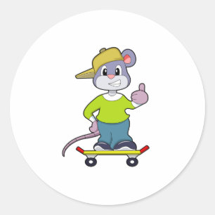 Pegatina Redonda Ratón como patinador con patineta