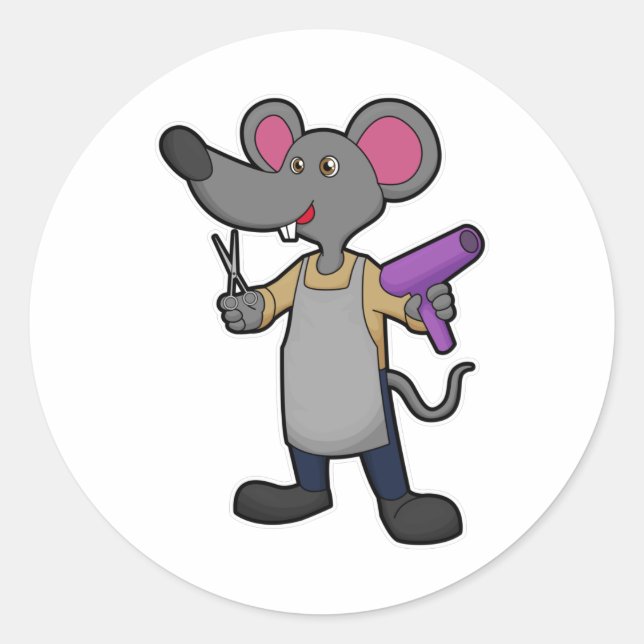 Pegatina Redonda Ratón como peluquero con tijeras y secador de pelo (Anverso)